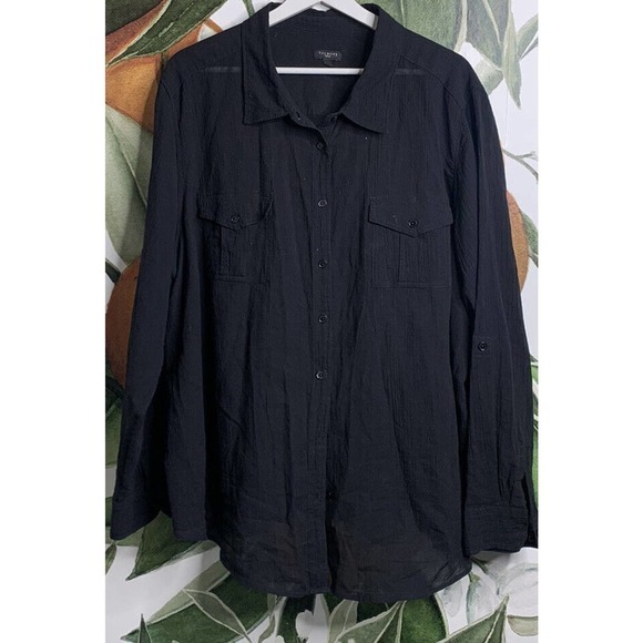 Talbots Woman 24W Black Semi Sheer Button Front Long Sleeve Shirt Cotton - Picture 1 of 4